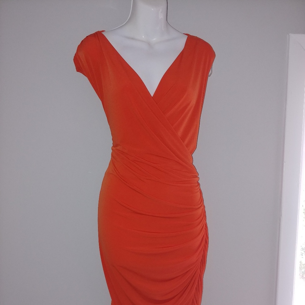 Burnt Orange Asymmetrical Ruched Knee Length Dress